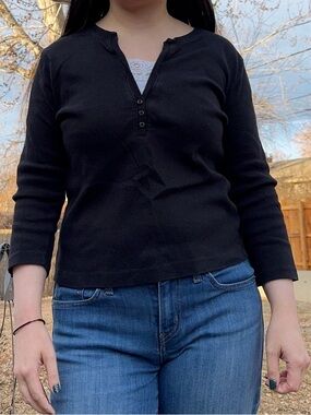 By Design Black Lace Trim Layered 3/4 Sleeve Henley